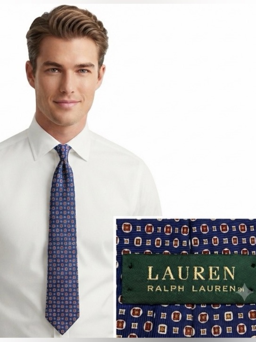 Lauren Ralph Lauren Navy 100%Silk Tie w geometric Red & Cream Designs USA made